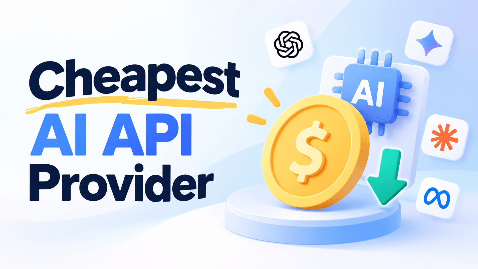 Cheapest AI API Provider illustration with an AI chip, dollar coin, and downward arrow